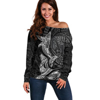 Hawaiian Monk Seal and Whale Off Shoulder Sweater Kakau Tribal Pattern Grayscale