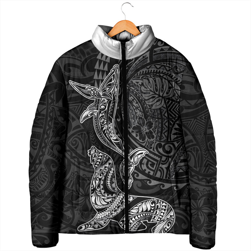 Hawaiian Monk Seal and Whale Padded Jacket Kakau Tribal Pattern Grayscale
