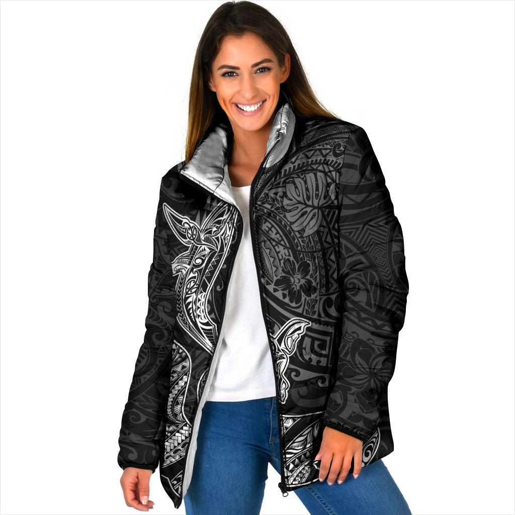 Hawaiian Monk Seal and Whale Padded Jacket Kakau Tribal Pattern Grayscale