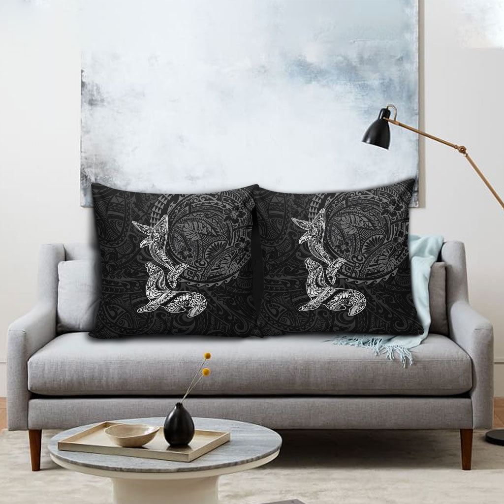 Hawaiian Monk Seal and Whale Pillow Cover Kakau Tribal Pattern Grayscale