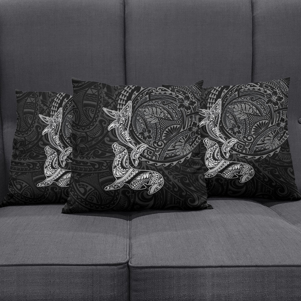 Hawaiian Monk Seal and Whale Pillow Cover Kakau Tribal Pattern Grayscale
