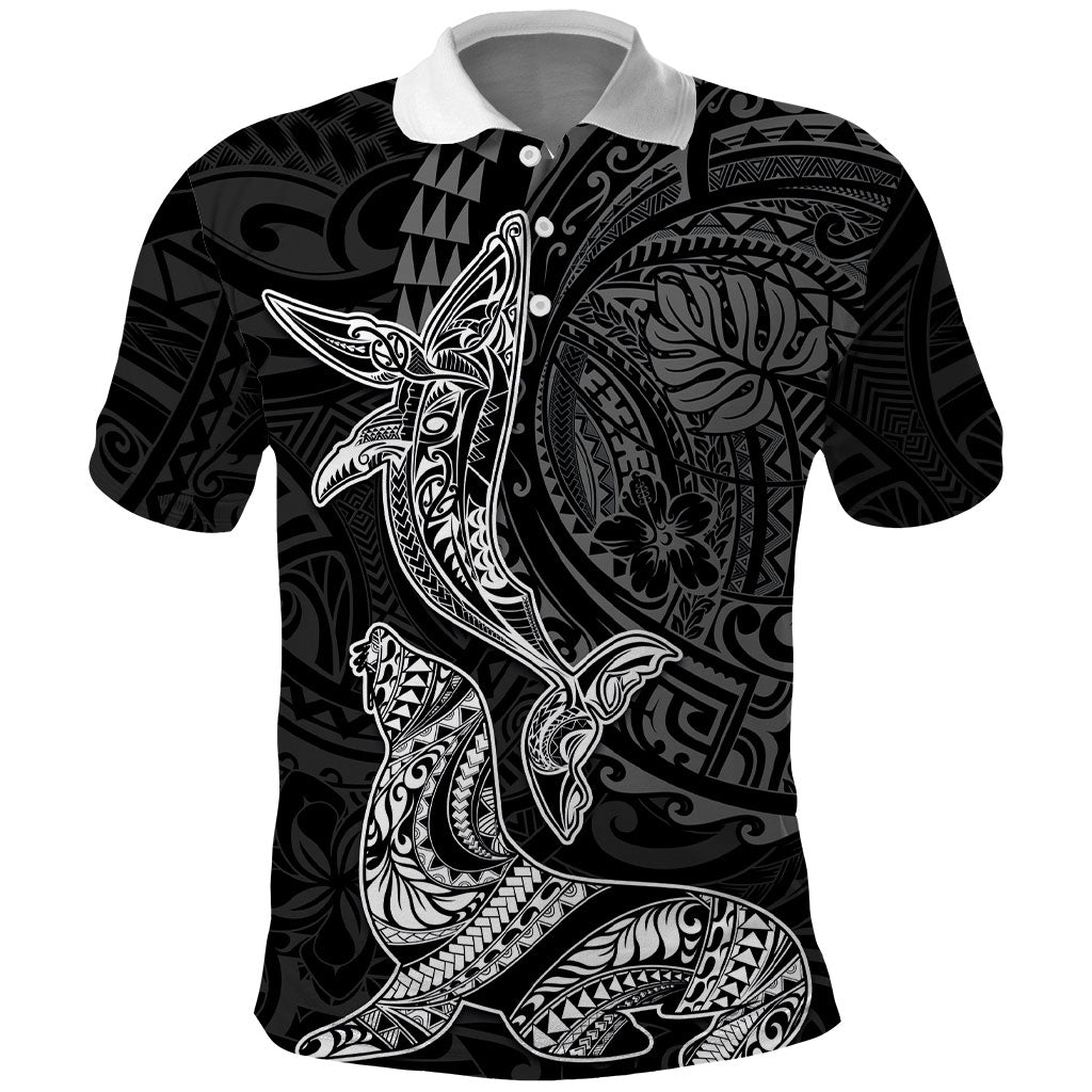 Hawaiian Monk Seal and Whale Polo Shirt Kakau Tribal Pattern Grayscale