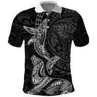 Hawaiian Monk Seal and Whale Polo Shirt Kakau Tribal Pattern Grayscale