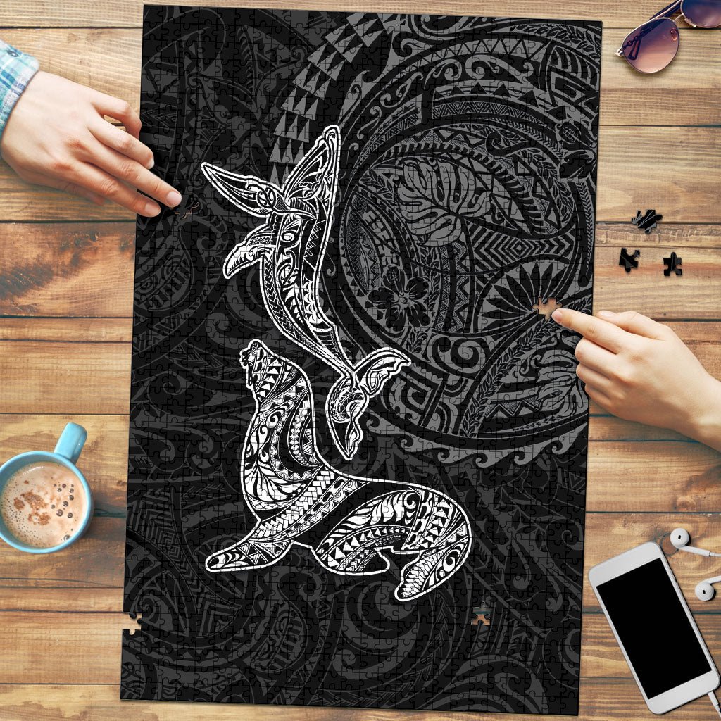 Hawaiian Monk Seal and Whale Puzzle Kakau Tribal Pattern Grayscale