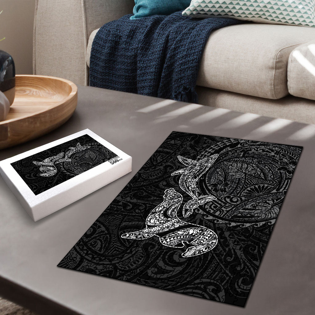 Hawaiian Monk Seal and Whale Puzzle Kakau Tribal Pattern Grayscale