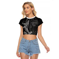 Hawaiian Monk Seal and Whale Raglan Cropped T Shirt Kakau Tribal Pattern Grayscale