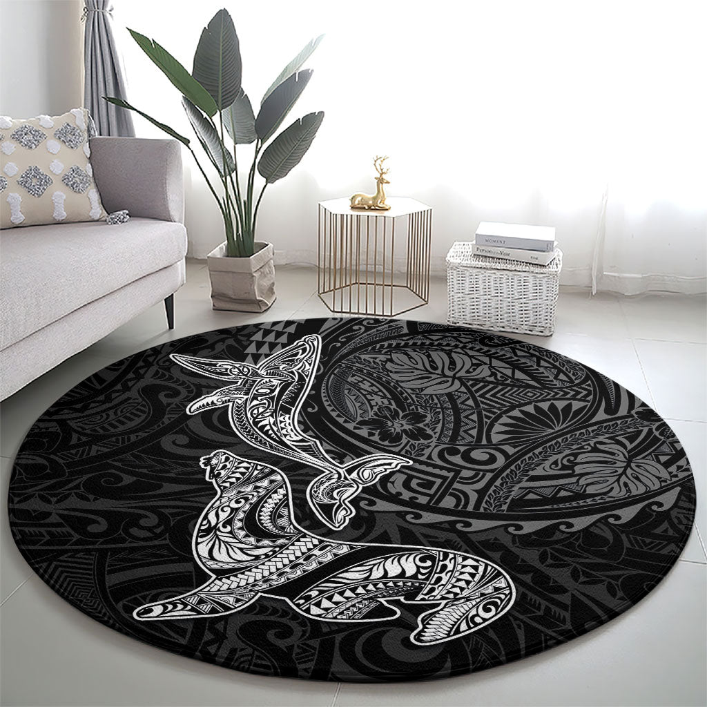 Hawaiian Monk Seal and Whale Round Carpet Kakau Tribal Pattern Grayscale