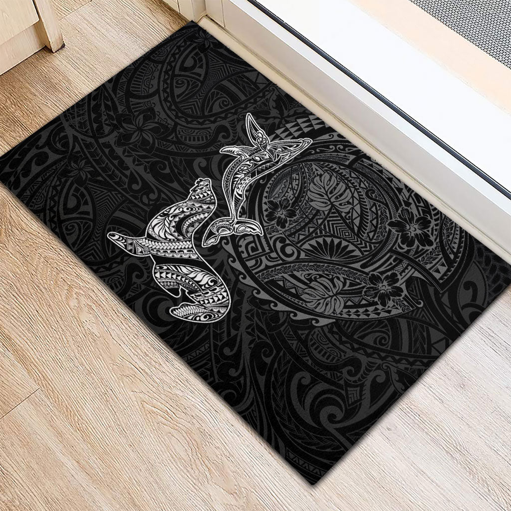 Hawaiian Monk Seal and Whale Rubber Doormat Kakau Tribal Pattern Grayscale