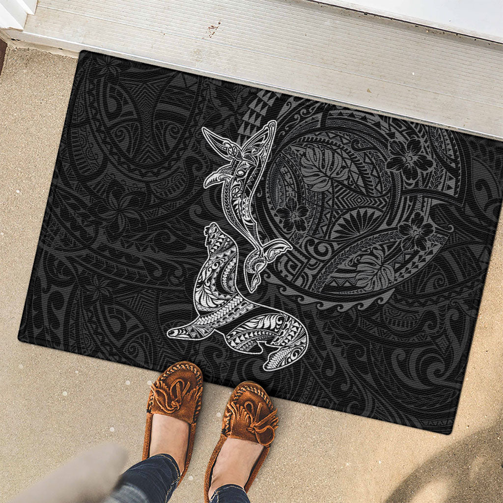 Hawaiian Monk Seal and Whale Rubber Doormat Kakau Tribal Pattern Grayscale