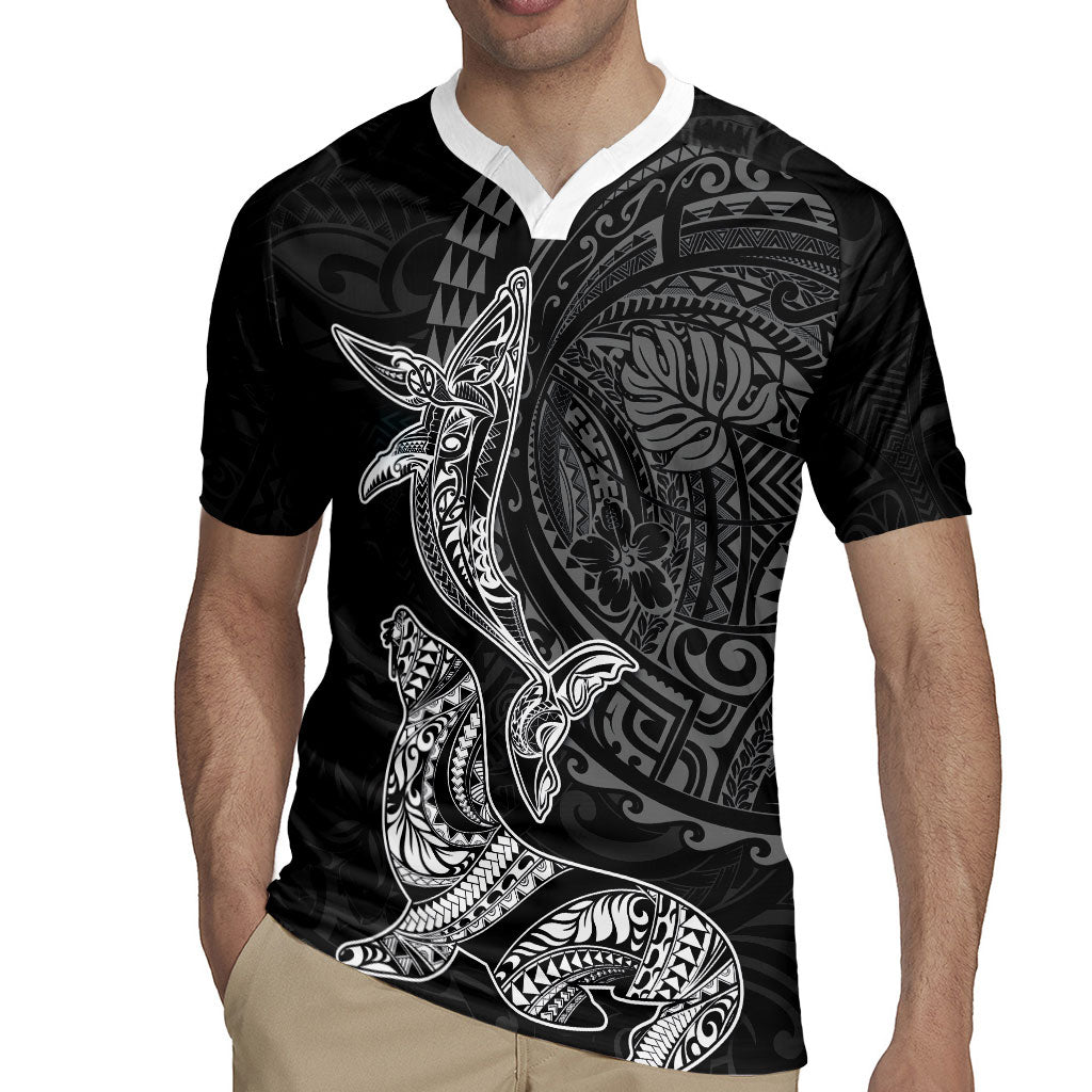 Hawaiian Monk Seal and Whale Rugby Jersey Kakau Tribal Pattern Grayscale