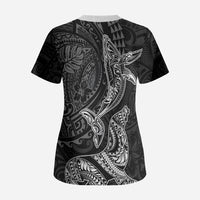 Hawaiian Monk Seal and Whale Scrub Top Kakau Tribal Pattern Grayscale