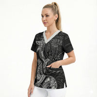 Hawaiian Monk Seal and Whale Scrub Top Kakau Tribal Pattern Grayscale