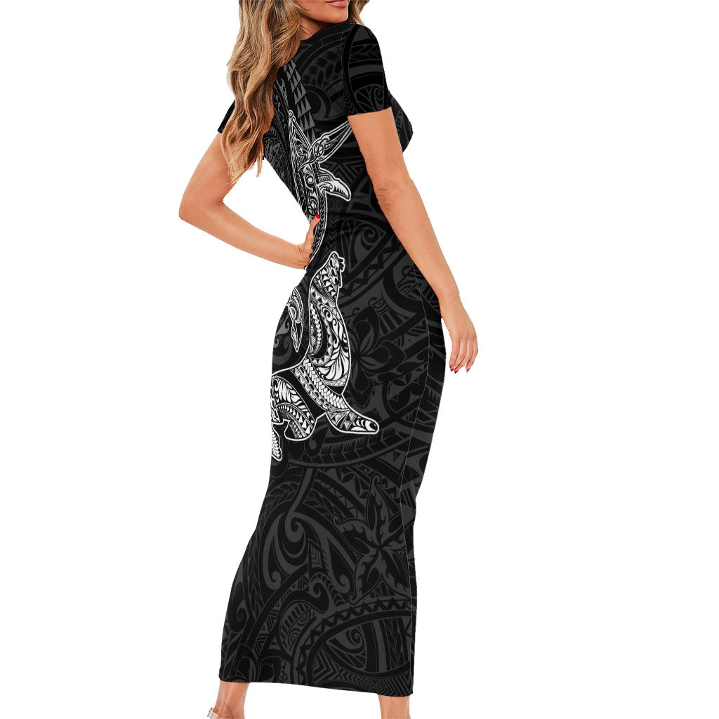 Hawaiian Monk Seal and Whale Short Sleeve Bodycon Dress Kakau Tribal Pattern Grayscale