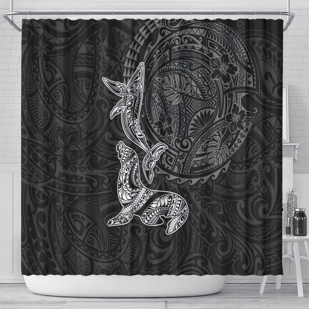 Hawaiian Monk Seal and Whale Shower Curtain Kakau Tribal Pattern Grayscale