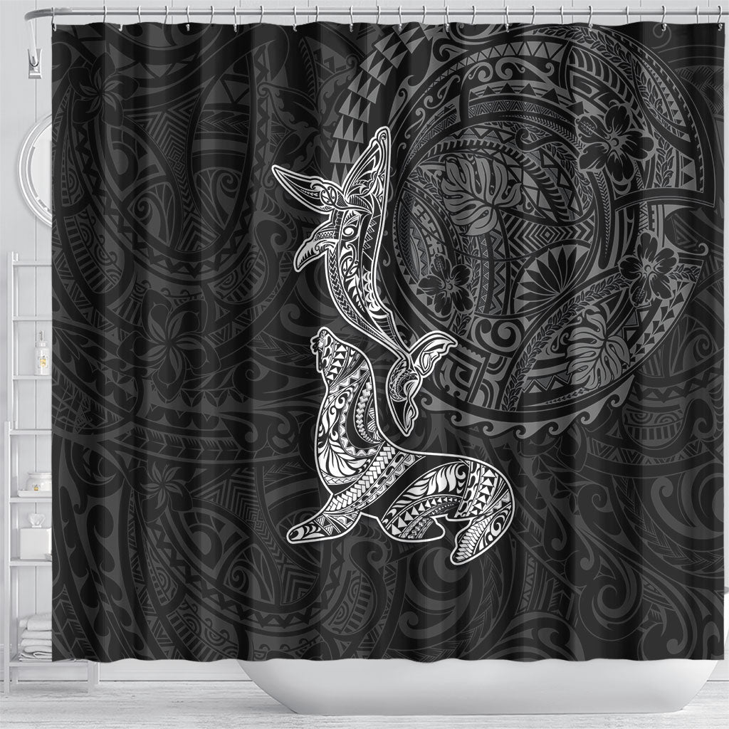 Hawaiian Monk Seal and Whale Shower Curtain Kakau Tribal Pattern Grayscale