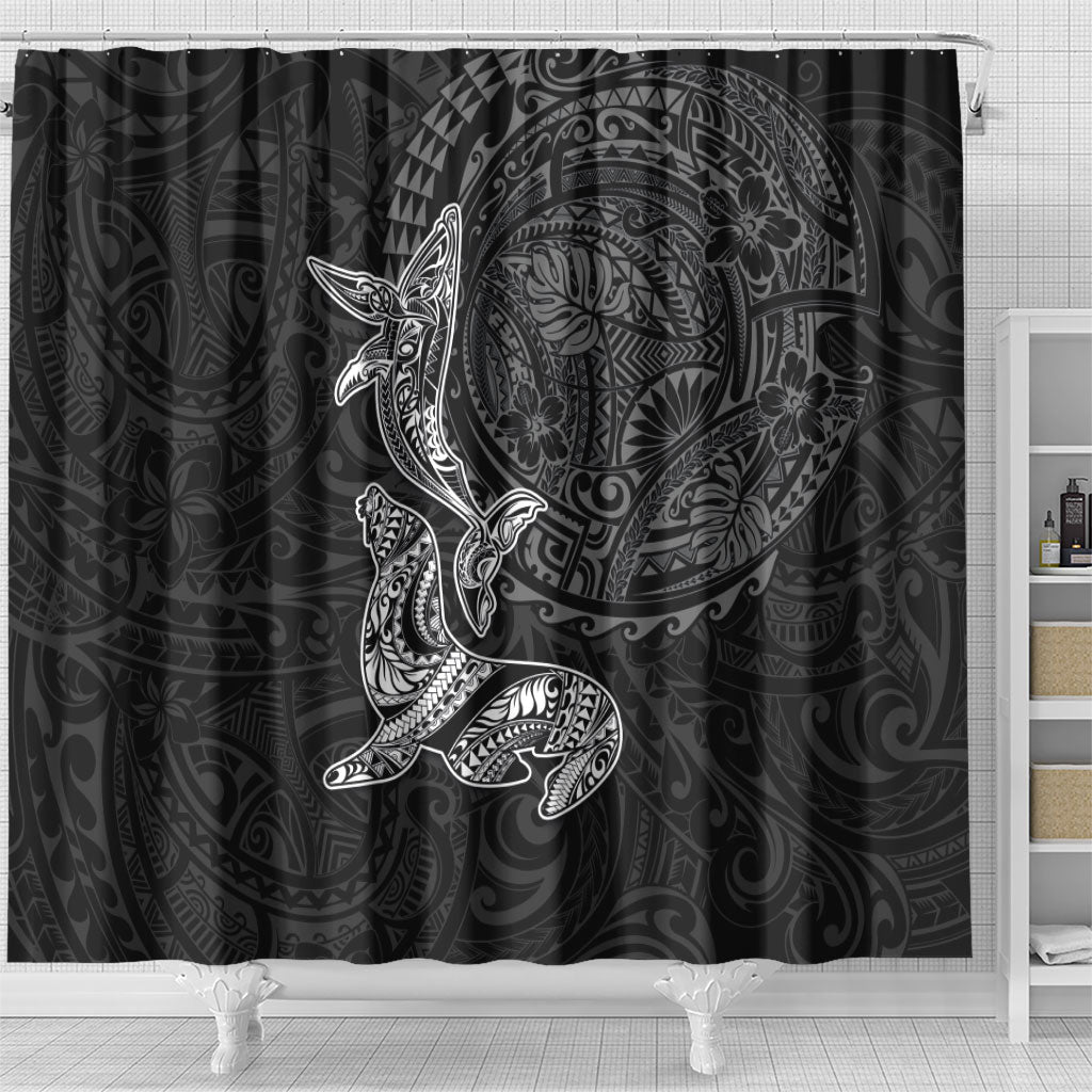Hawaiian Monk Seal and Whale Shower Curtain Kakau Tribal Pattern Grayscale