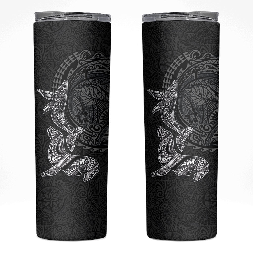 Hawaiian Monk Seal and Whale Skinny Tumbler Kakau Tribal Pattern Grayscale