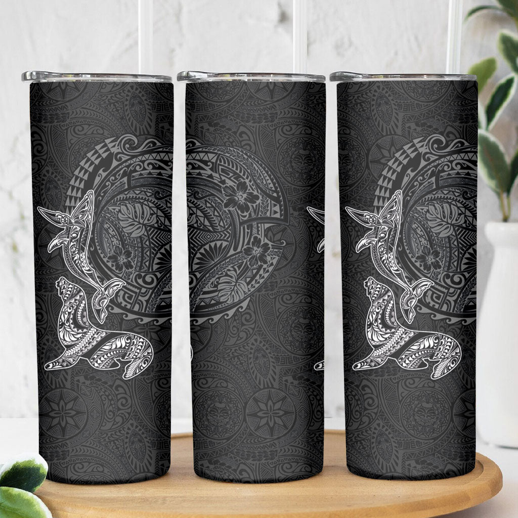 Hawaiian Monk Seal and Whale Skinny Tumbler Kakau Tribal Pattern Grayscale