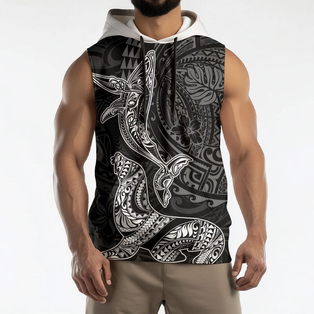 Hawaiian Monk Seal and Whale Sleeveless Hoodie Kakau Tribal Pattern Grayscale
