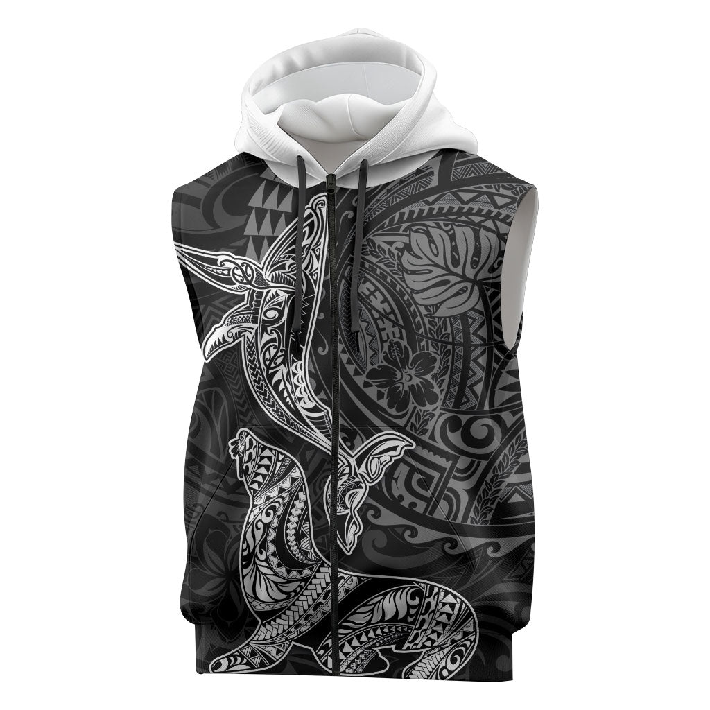 Hawaiian Monk Seal and Whale Sleeveless Zip Hoodie Kakau Tribal Pattern Grayscale