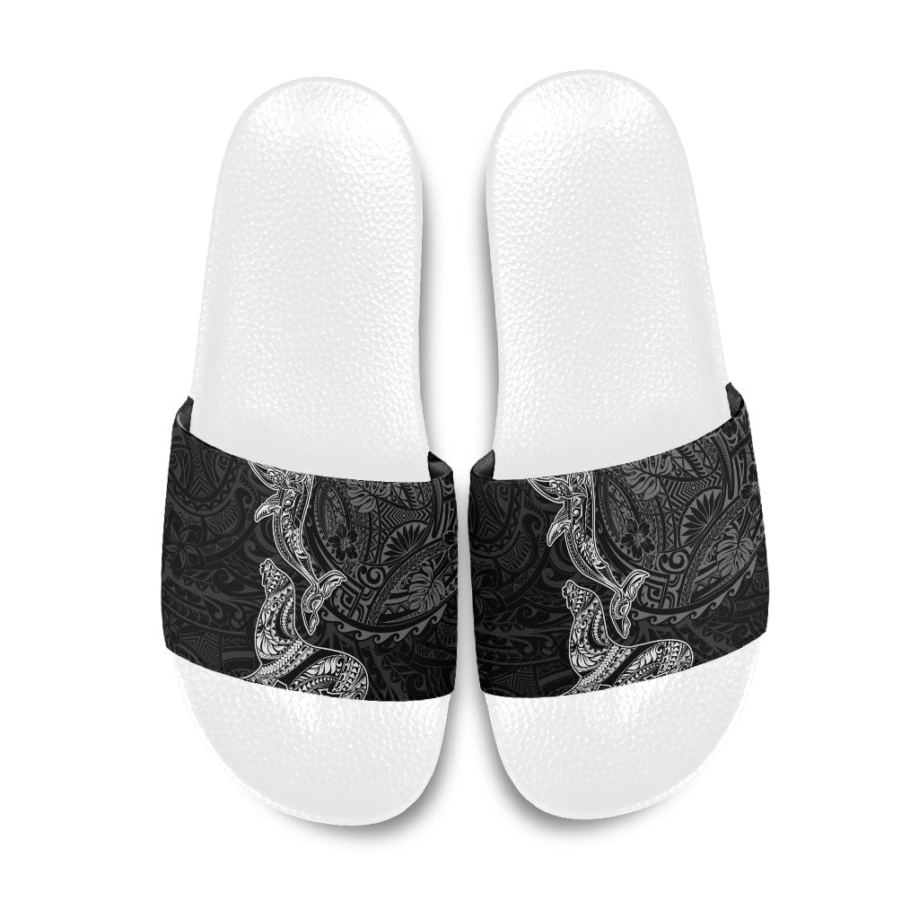 Hawaiian Monk Seal and Whale Slide Sandals Kakau Tribal Pattern Grayscale