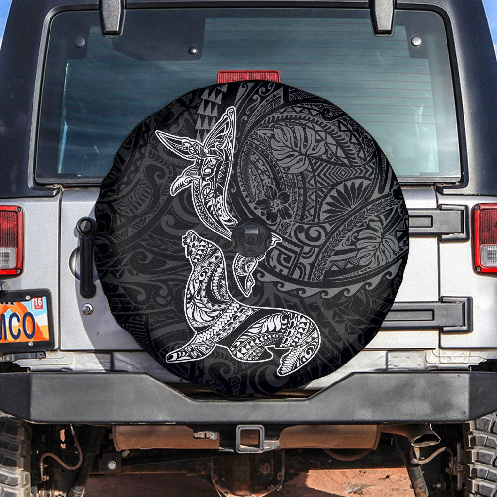 Hawaiian Monk Seal and Whale Spare Tire Cover Kakau Tribal Pattern Grayscale
