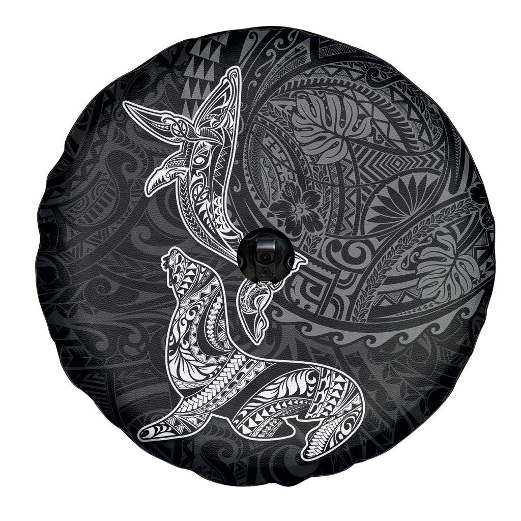 Hawaiian Monk Seal and Whale Spare Tire Cover Kakau Tribal Pattern Grayscale