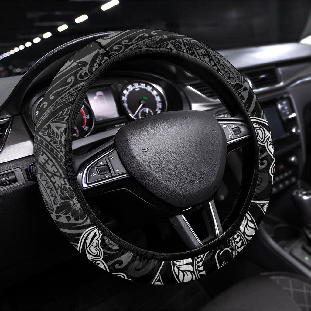 Hawaiian Monk Seal and Whale Steering Wheel Cover Kakau Tribal Pattern Grayscale
