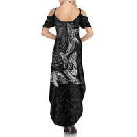 Hawaiian Monk Seal and Whale Summer Maxi Dress Kakau Tribal Pattern Grayscale