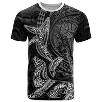 Hawaiian Monk Seal and Whale T Shirt Kakau Tribal Pattern Grayscale