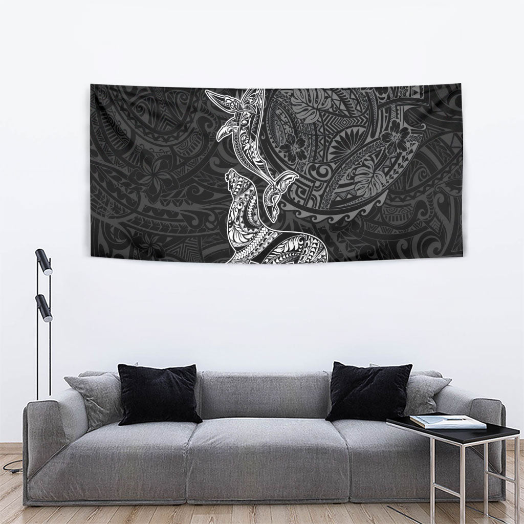 Hawaiian Monk Seal and Whale Tapestry Kakau Tribal Pattern Grayscale