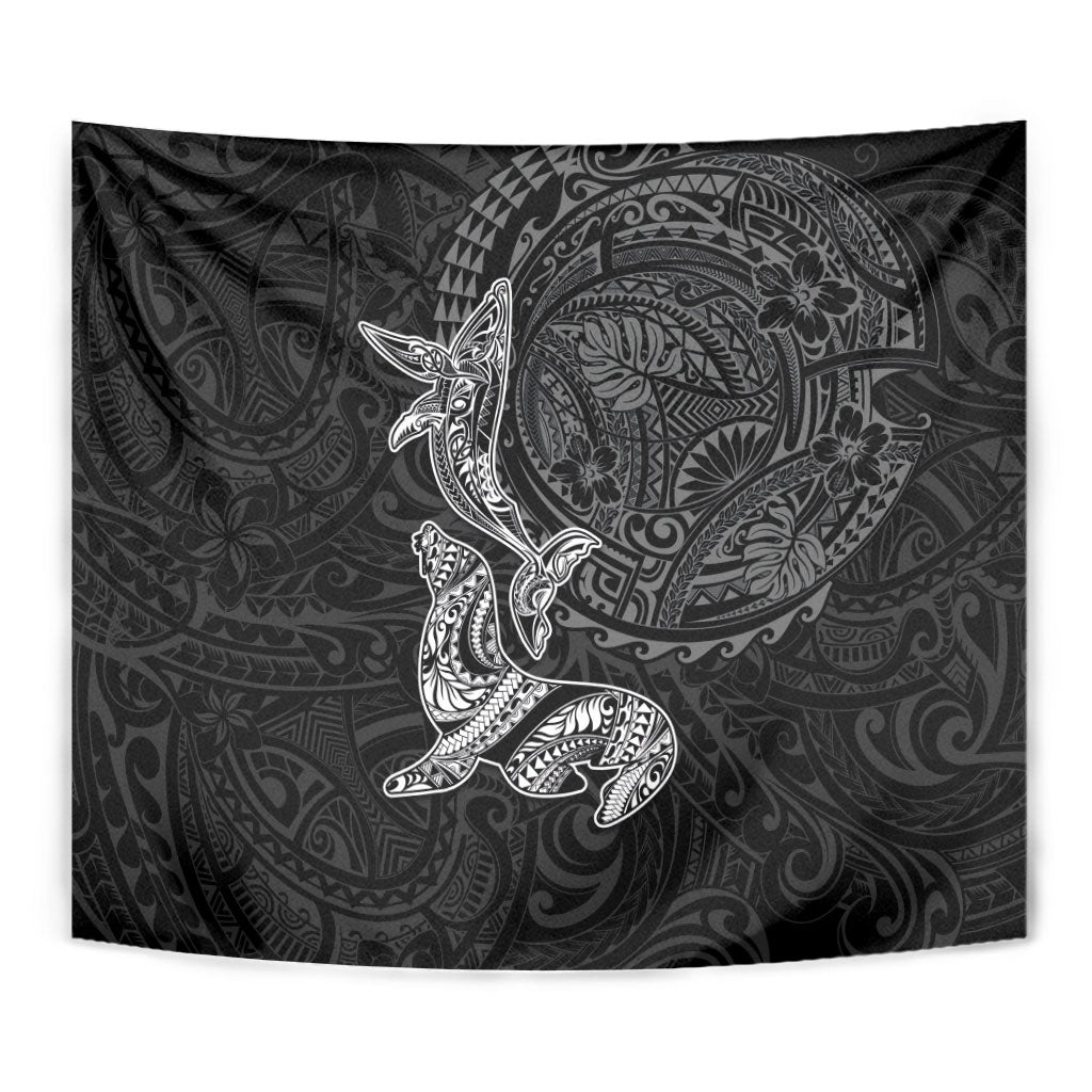 Hawaiian Monk Seal and Whale Tapestry Kakau Tribal Pattern Grayscale