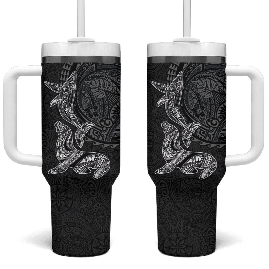 Hawaiian Monk Seal and Whale Tumbler With Handle Kakau Tribal Pattern Grayscale
