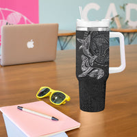 Hawaiian Monk Seal and Whale Tumbler With Handle Kakau Tribal Pattern Grayscale