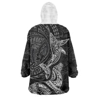 Hawaiian Monk Seal and Whale Wearable Blanket Hoodie Kakau Tribal Pattern Grayscale