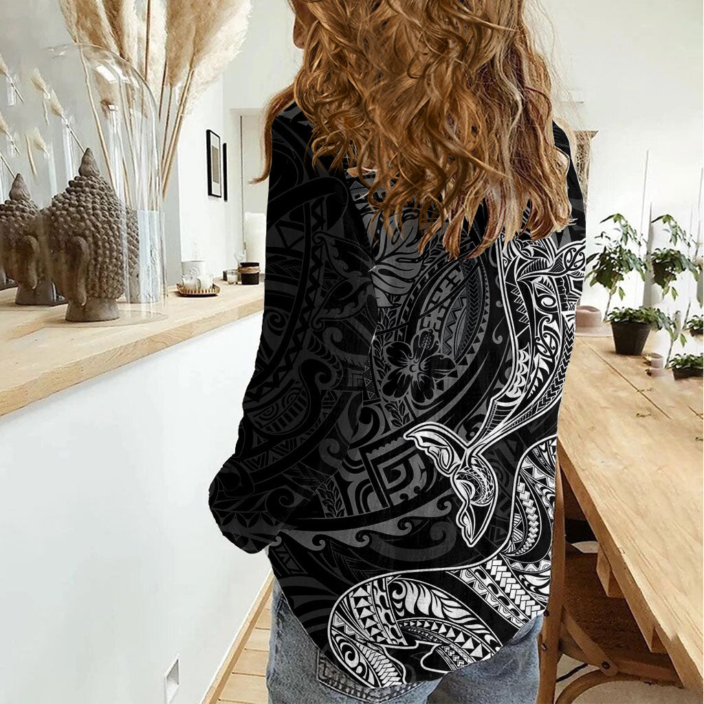 Hawaiian Monk Seal and Whale Women Casual Shirt Kakau Tribal Pattern Grayscale
