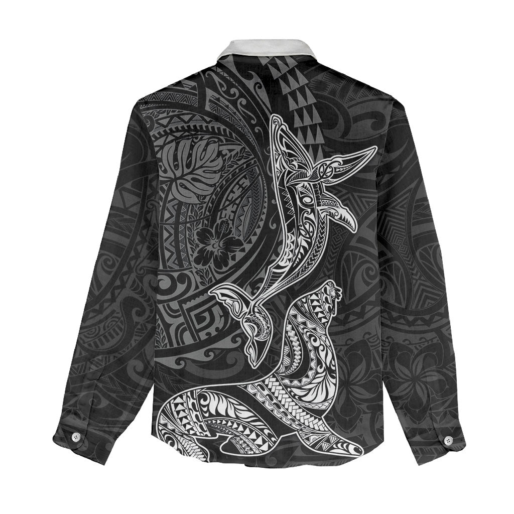 Hawaiian Monk Seal and Whale Women Casual Shirt Kakau Tribal Pattern Grayscale