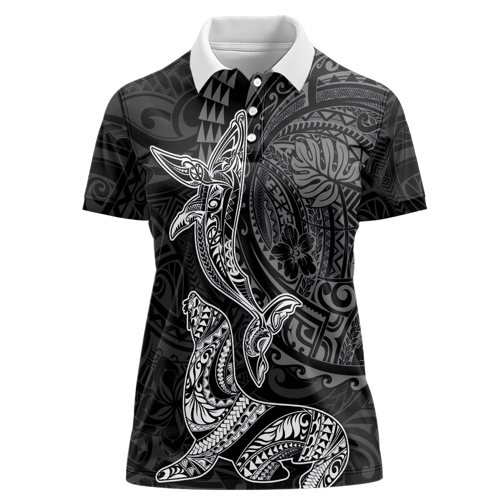 Hawaiian Monk Seal and Whale Women Polo Shirt Kakau Tribal Pattern Grayscale