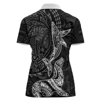 Hawaiian Monk Seal and Whale Women Polo Shirt Kakau Tribal Pattern Grayscale