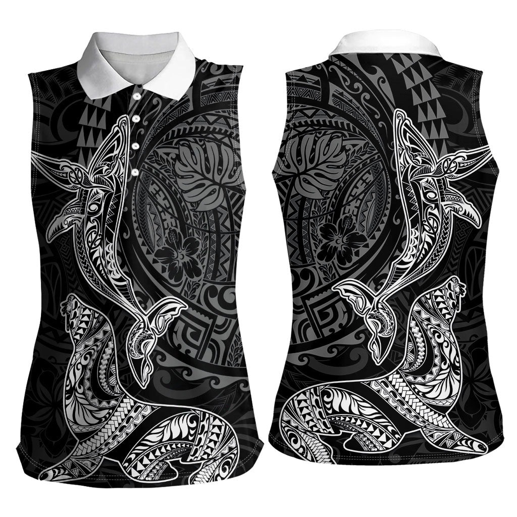 Hawaiian Monk Seal and Whale Women Sleeveless Polo Shirt Kakau Tribal Pattern Grayscale