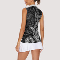 Hawaiian Monk Seal and Whale Women Sleeveless Polo Shirt Kakau Tribal Pattern Grayscale