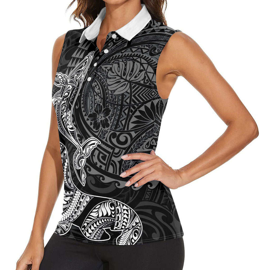 Hawaiian Monk Seal and Whale Women Sleeveless Polo Shirt Kakau Tribal Pattern Grayscale