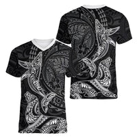 Hawaiian Monk Seal and Whale Women V-Neck T-Shirt Kakau Tribal Pattern Grayscale
