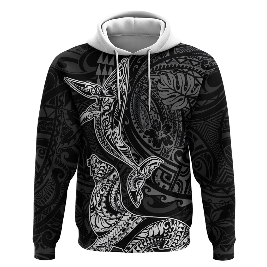 Hawaiian Monk Seal and Whale Zip Hoodie Kakau Tribal Pattern Grayscale