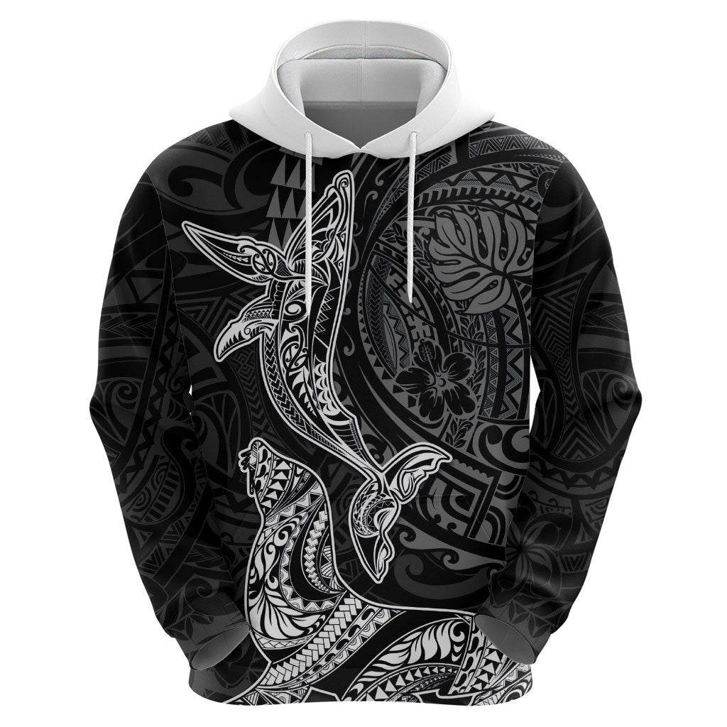 Hawaiian Monk Seal and Whale Zip Hoodie Kakau Tribal Pattern Grayscale