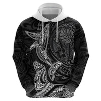 Hawaiian Monk Seal and Whale Zip Hoodie Kakau Tribal Pattern Grayscale