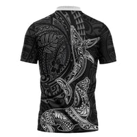 Hawaiian Monk Seal and Whale Zipper Polo Shirt Kakau Tribal Pattern Grayscale