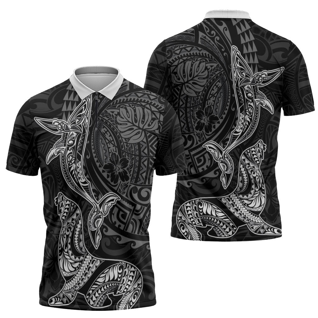 Hawaiian Monk Seal and Whale Zipper Polo Shirt Kakau Tribal Pattern Grayscale