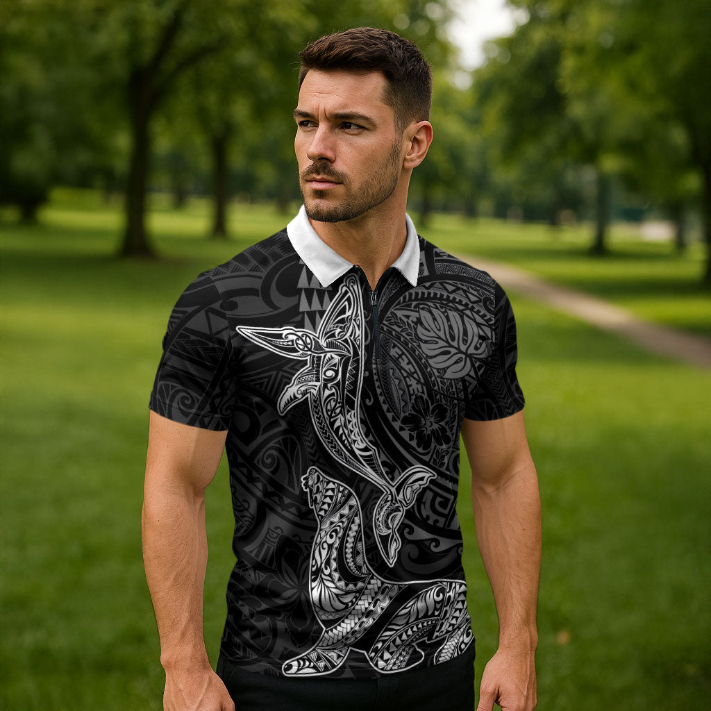 Hawaiian Monk Seal and Whale Zipper Polo Shirt Kakau Tribal Pattern Grayscale