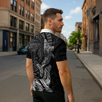 Hawaiian Monk Seal and Whale Zipper Polo Shirt Kakau Tribal Pattern Grayscale